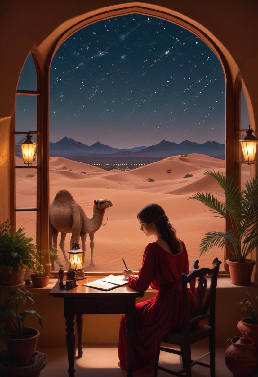 Sybil, ritratta di spalle mentre scrive davanti a una finestra affacciata su un mondo incantato.